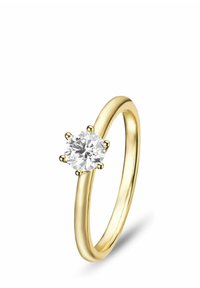 Goldring mit einem runden, brillantgeschliffenen, klaren Diamanten, der in einer sechspitzigen Fassung eingesetzt ist, glatter, polierter Band und einem subtilen Glanz.