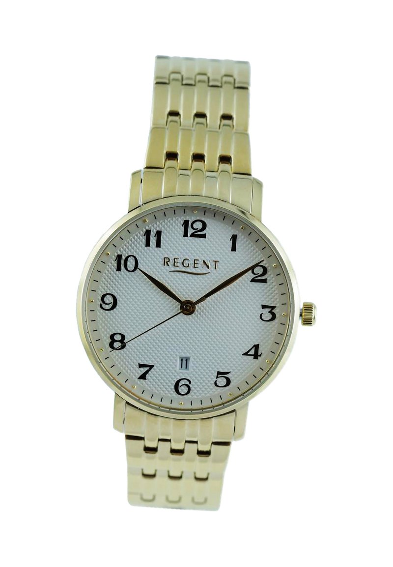 Montre en métal doré avec un cadran blanc texturé, des chiffres noirs et des aiguilles. Dispose d'un guichet de date à 6 heures. Bracelet à maillons ajustable.