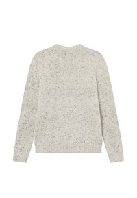 Pull en maille texturée gris clair avec un motif moucheté, col rond, manches longues et ourlet à côtes. La vue arrière met en avant le design sans coutures.