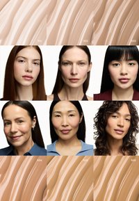 Six diverse women with natural makeup and different hairstyles are shown in a grid, surrounded by varying beige foundation swatches.