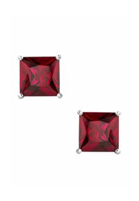 Pendientes con zirconita cúbica roja de corte cuadrado, montados en cuatro garras de tono plateado. Superficie pulida con alta claridad y brillo.