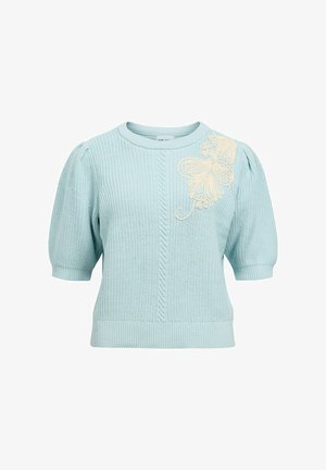 Light blue sweater, short puff sleeves, ribbed texture, features cream butterfly embroidery on the left shoulder, fitted waist.