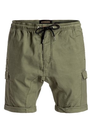 Męskie, oliwkowozielone krótkie spodenki casual z elastycznym paskiem, czarnym sznurkiem do regulacji, bocznymi kieszeniami cargo oraz mankietami u dołu, marki Quiksilver.