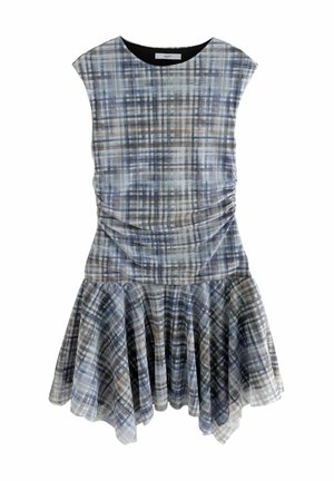 Ruudullinen mekko, jossa on pyöreä pääntie, lyhyet hihat ja kerätyt sivut. Leveä hame, jossa on laskostettu helma sinisen, harmaan ja ruskean sävyissä.