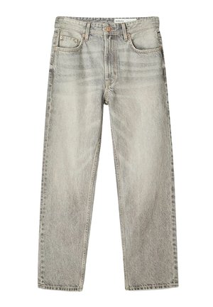 Lichtgrijze denim jeans met een relaxte pasvorm, rechte pijpen, vervaagde afwerking, vijf zakken en een metalen knoopsluiting.