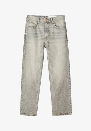 Helle graue Denim-Jeans mit entspannter Passform, geraden Beinen, verwaschenem Finish, fünf Taschen und Metallknopfverschluss.
