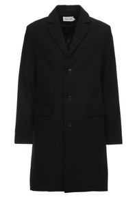 Zwarte wollen overjas met een notch lapel, enkelrijzige sluiting, drie knopen en twee voorzakken. Nette textuur en getailleerde pasvorm.