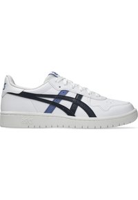 Vita lädersneakers med ett blått och ljusblått randigt mönster, texturerad yta, vadderad sula och perforerad tå för andningsförmåga.