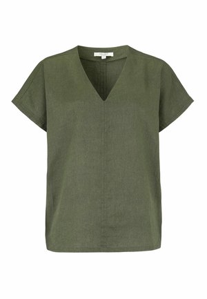 Lyhythihainen oliivinvihreä V-kaula-aukollinen pusero, löysä istuvuus ja suora helma, valmistettu teksturoidusta kankaasta.