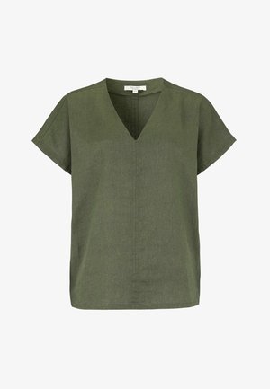 Short-sleeve olive green V-neck blouse with loose fit and straight hem, made of textured fabric.
