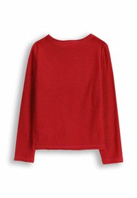 Czerwona bluzka z długim rękawem i okrągłym dekoltem, o gładkiej fakturze i prostym kroju. Posiada prostą linię i czyste wykończenia.