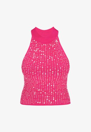 Růžový top bez rukávů s vysokým límcem, který má svislé pruhy malých, lesklých flitrů na žebrovaném textilu.