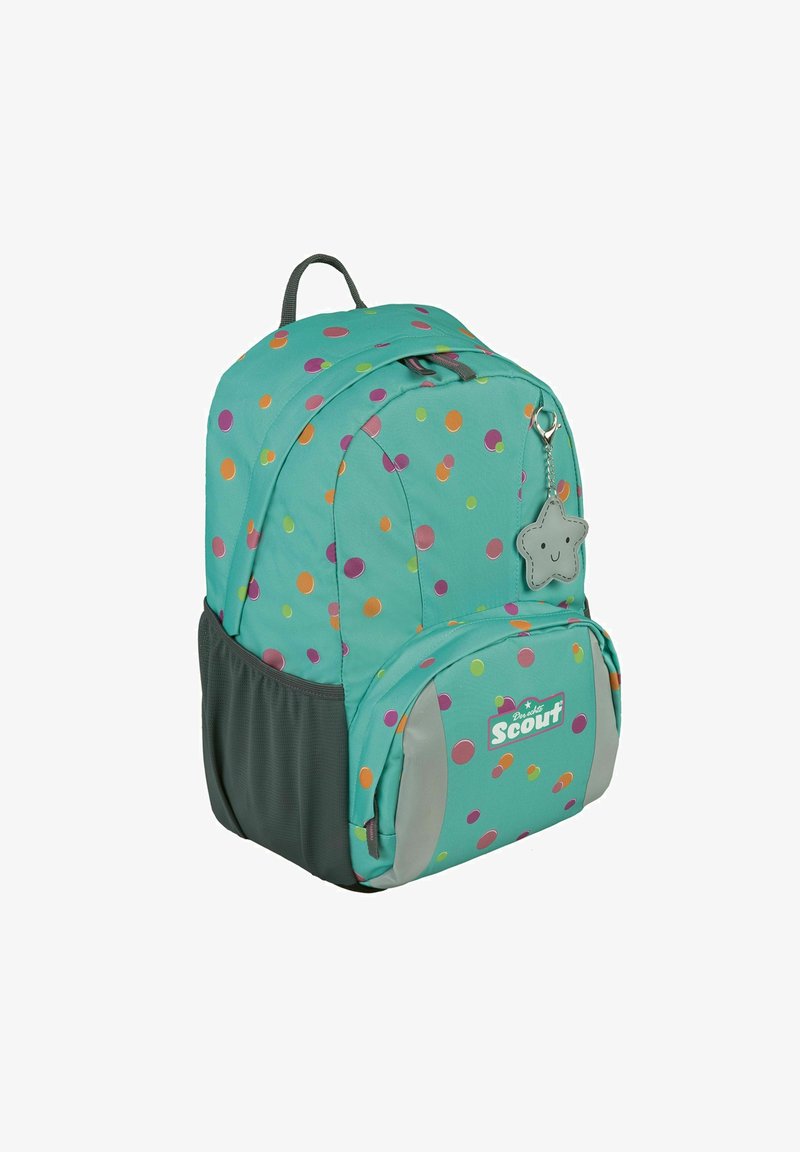 Türkisfarbener Rucksack mit bunten Polka-Dots, grauem Boden und sternförmigem Schlüsselanhänger. Verfügt über gepolsterte Träger und mehrere Fächer.