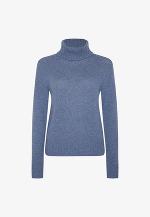 Weicher blauer Strickpullover mit Rollkragen, langen Ärmeln und gerippten Bündchen und Saum, vor einem weißen Hintergrund präsentiert.