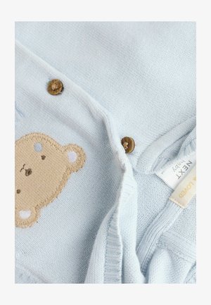 Vaaleansininen neulecardigan, jossa on teddykarhu-applikaatio, puunapit ja sametiset reunat tekstuuria varten. Brändilogo näkyvissä.