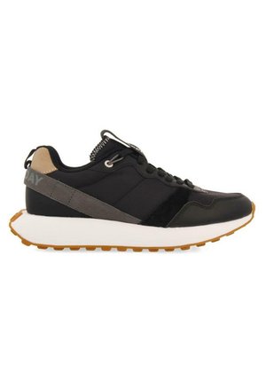 Schwarzer Sportschuh mit Obermaterial aus Wildleder und Mesh, grauen Akzenten, abgerundeter weißer Mittelsohle und strukturiertem Gummi-Außensohle. Verfügt über Schnürsenkel und eine Zuglasche.