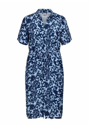 Modra srajčna obleka z gumbi, kratkimi rokavi, cvetličnim vzorcem in pasnim trakom za zavezovanje v pasu.