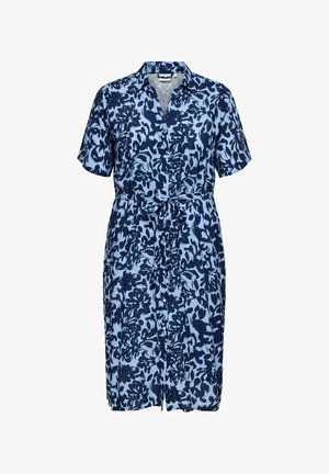 Blauw overhemdjurk met korte mouwen, bloemmotief en een ceintuur om de taille.