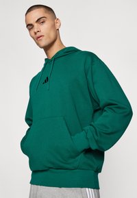 Hoodie vert avec une poche frontale, capuche à cordon et détail de logo noir. Tissu doux avec des poignets et un ourlet côtelés.