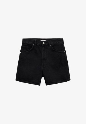 Shorts in denim nero con vita alta, cinque tasche e chiusura con bottone argento. Presentano una texture liscia e una vestibilità sagomata.