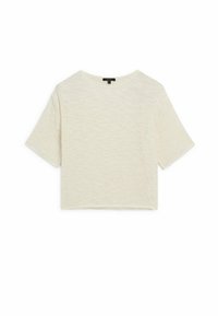 Kortærmet, cropped top i off-white tekstureret stof med rund hals. Simpelt design, ingen mønstre eller hardware detaljer.