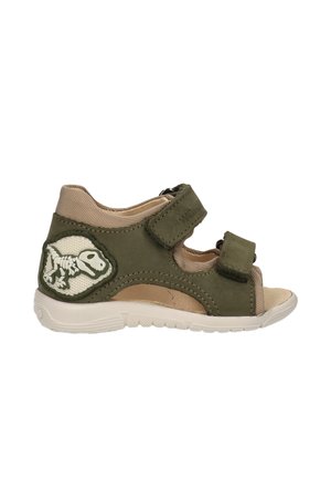 Kindersandaal olijfgroen met beige zool en dinosaurus skelet patch, met twee verstelbare klittenbandsluitingen en open teen ontwerp.