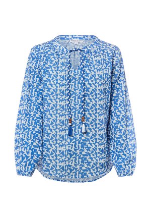 Blau-weiß gemusterte Langarmbluse mit rundem Ausschnitt, geflochtenen Quastenbändern und elastischen Bündchen.