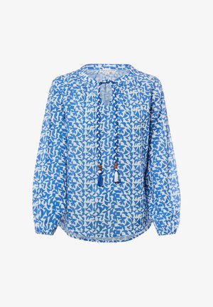 Blau-weiß gemusterte Langarmbluse mit rundem Ausschnitt, geflochtenen Quastenbändern und elastischen Bündchen.