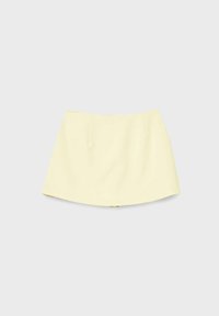 Light yellow, high-waist mini skirt with a slight A-line shape and two front vertical seams on a plain background.