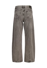 Gray denim wide-leg jeans with a high waist, featuring two back pockets and split hems for added detail. Clean design with minimal hardware.