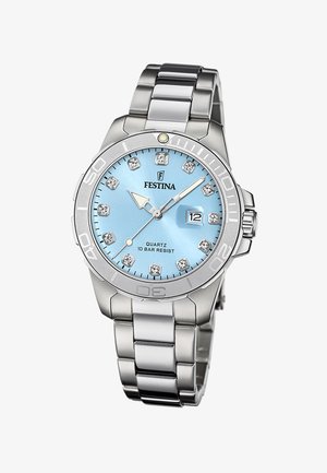 Montre à quartz Festina avec un bracelet en acier inoxydable, un cadran turquoise, des accents argentés et des marqueurs ressemblant à des diamants ; Résistance à l'eau de 10 bars.