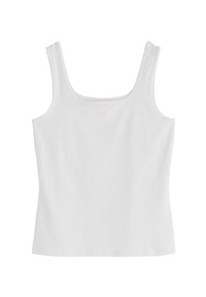 Canotta bianca senza maniche con scollo quadrato, mostrata su uno sfondo bianco uniforme.