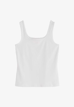 Biały bezrękawnik z kwadratowym dekoltem, prezentowany na jednolitym białym tle.