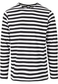 Zwart-wit gestreepte blouse met lange mouwen en een ronde hals, gemaakt van zacht materiaal, met horizontale strepen van gelijke breedte.