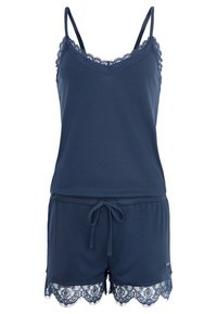 Tumes pajamasett pitsdetailidega. Kompositsioonis on sobituv tank top reguleeritavate rihmadega ja lühikesed püksid elastse vöökohaga ja pitsaktsentidega.