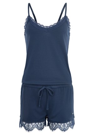Granatowy komplet piżamowy z koronkowym wykończeniem. Składa się z dopasowanego topu na ramiączkach z regulacją oraz szortów z elastycznym pasem i koronkowymi akcentami.