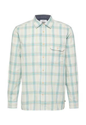 Langärmliges Hemd mit Knopfleiste, hellem Cremegrund und türkisfarbenem Karo-Muster, einzelne Brusttasche mit geknöpftem Klappenverschluss, klassischer Kragen.