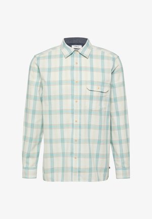 Koszula na guziki z długim rękawem, o jasnokremowej bazie i kratkowanym wzorze w kolorze zielononiebieskim, z pojedynczą kieszenią na piersi z klapką zapinaną na guzik, klasycznym kołnierzykiem.