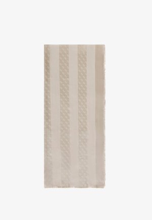 Écharpe beige avec des rayures verticales alternées unies et à motifs, et une frange discrète sur les bords.