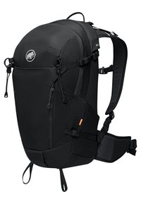 Svart ryggsekk med et elegant design, laget av slitesterkt stoff. Har justerbare stropper, flere rom og en strukturert bakpakke.