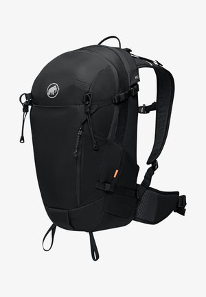 Mochila negra con un diseño elegante, hecha de tela duradera. Cuenta con correas ajustables, múltiples compartimentos y un panel trasero texturizado.