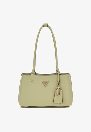 Sac à main synthétique vert de forme rectangulaire, avec deux poignées, quincaillerie dorée, détail de logo triangulaire et une étiquette amovible.