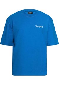Blaues Baumwoll-T-Shirt mit kurzen Ärmeln, Rundhalsausschnitt und weißem, gesticktem "Dropsize"-Logo auf der linken Brust. Einfaches Design, lockere Passform.