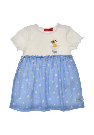 Weißes Baby-Kurzarmkleid mit blauem Rock, der kleine weiße Gänseblümchen zeigt, und einer auf der Brust bestickten Biene auf einer Blume.