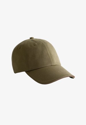 Baseballpet van olijfgroen katoen met gestikte panelen, ventilatieoogjes en een gebogen klep.