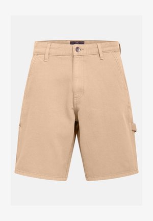 Beige bomull cargo shorts med to sidelommer, en frontknappelukking og beltehemper. Rett snitt, kne-lengde.