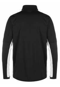 Schwarzes Langarmshirt mit hohem Kragen, versehen mit weißen seitlichen Akzenten und einer glatten Textur. Die Rückansicht zeigt ein schlichtes Design.