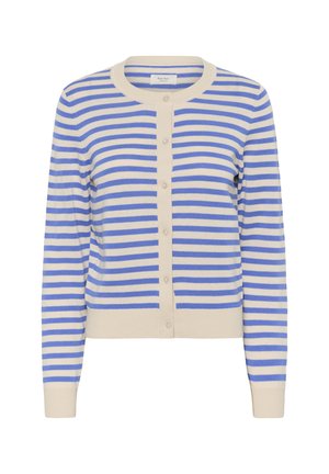Striped cardigan in light blue and cream, featuring a round neckline, long sleeves, and buttons down the front. Soft knit texture.