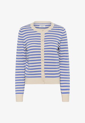 Striped cardigan in light blue and cream, featuring a round neckline, long sleeves, and buttons down the front. Soft knit texture.