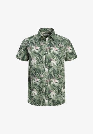 Kortærmet skjorte med knaplukning i grøn med et tropisk blad- og blomstermønster, med knapper og krave.